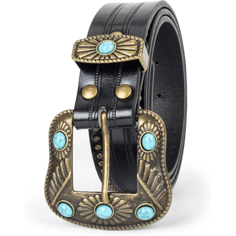 Women's Black Adjustable Vintage Western Belts Engraved Buckle Cowgirl Belt